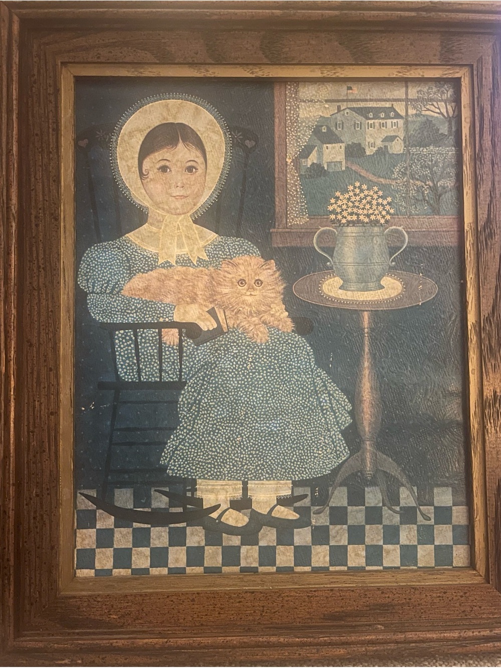 Vintage Framed Charles Wysocki Girl with Cat Litho Picture 10.5"x12.5" (O81)